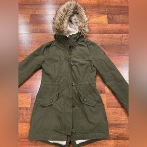 Y2K Hollister Sherpa Lined Faux Fur Hood Green Parka Jacket Size Small